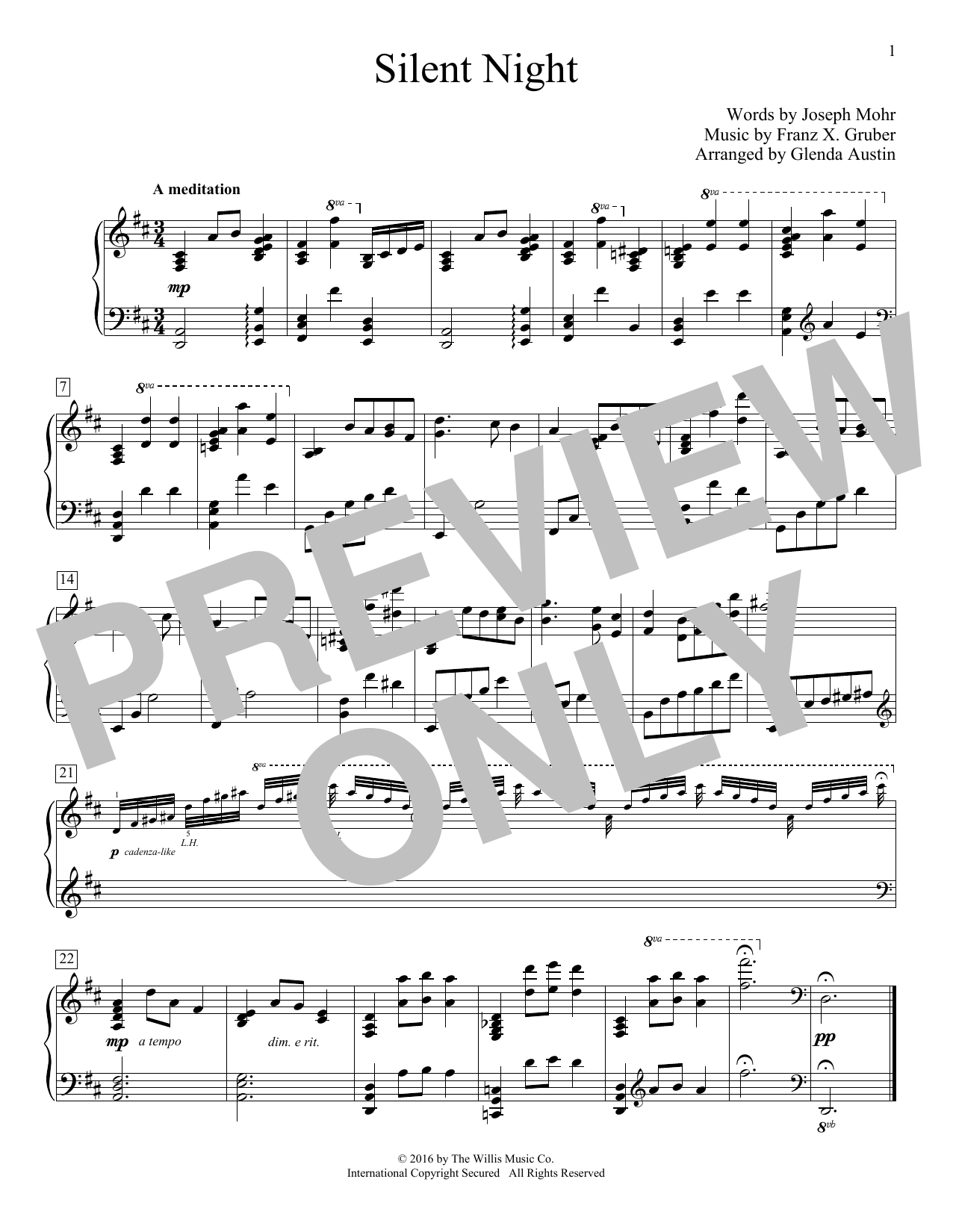 Learn to play Glenda Austin Silent Night sheet music for Educational Piano in minutes. Price: 6.9900$ Glenda Austin Silent Night sheet music notes and chords arranged for Educational Piano