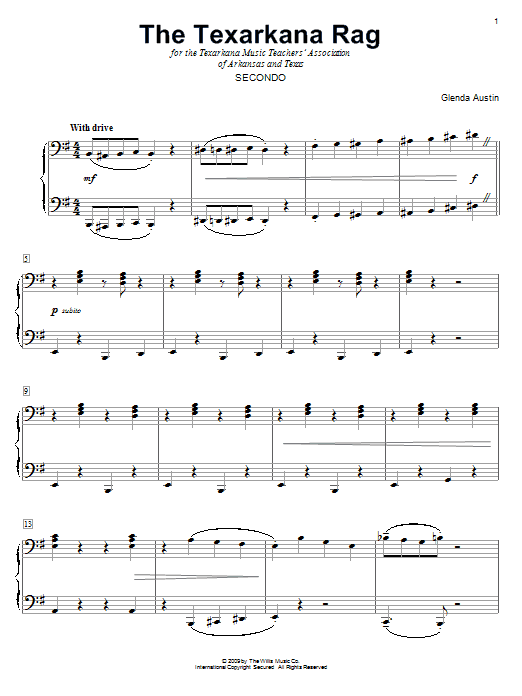 Learn to play Glenda Austin The Texarkana Rag sheet music for Piano Duet in minutes. Price: 7.8900$ Glenda Austin The Texarkana Rag sheet music notes and chords arranged for Piano Duet