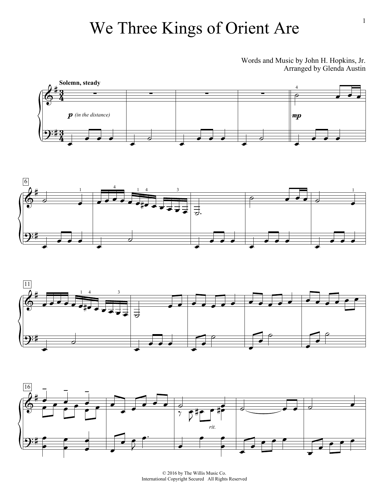Glenda Austin We Three Kings Of Orient Are sheet music notes and chords arranged for Educational Piano