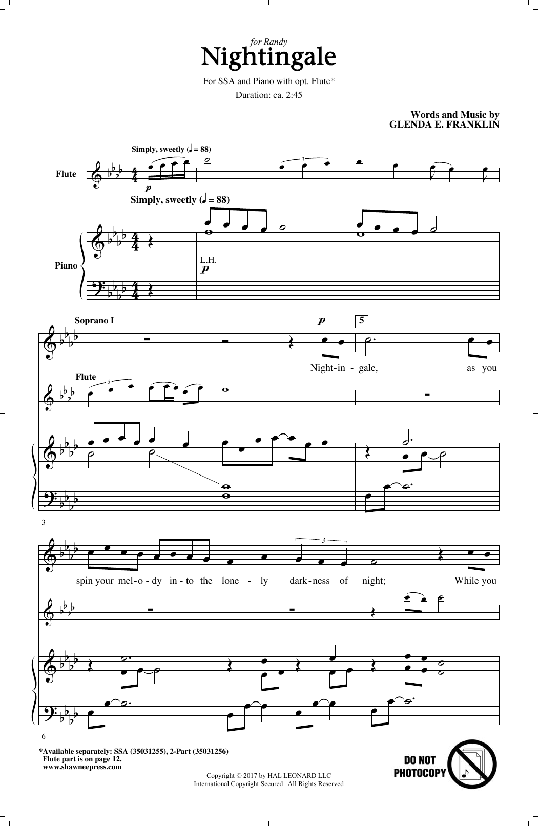 Learn to play Glenda E. Franklin Nightingale sheet music for SSA Choir in minutes. Price: 3.9900$ Glenda E. Franklin Nightingale sheet music notes and chords arranged for SSA Choir