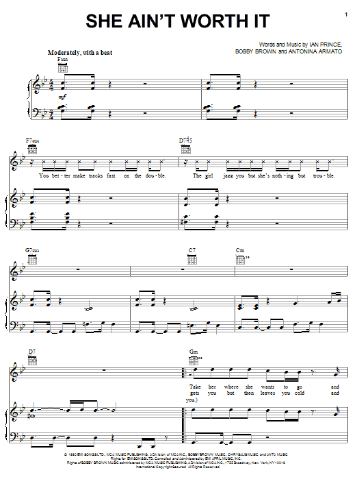 Learn to play Glenn Medeiros She Ain't Worth It sheet music for Piano, Vocal & Guitar Chords (Right-Hand Melody) in minutes. Price: 7.8900$ Glenn Medeiros She Ain't Worth It sheet music notes and chords arranged for Piano, Vocal & Guitar Chords (Right-Hand Melody)