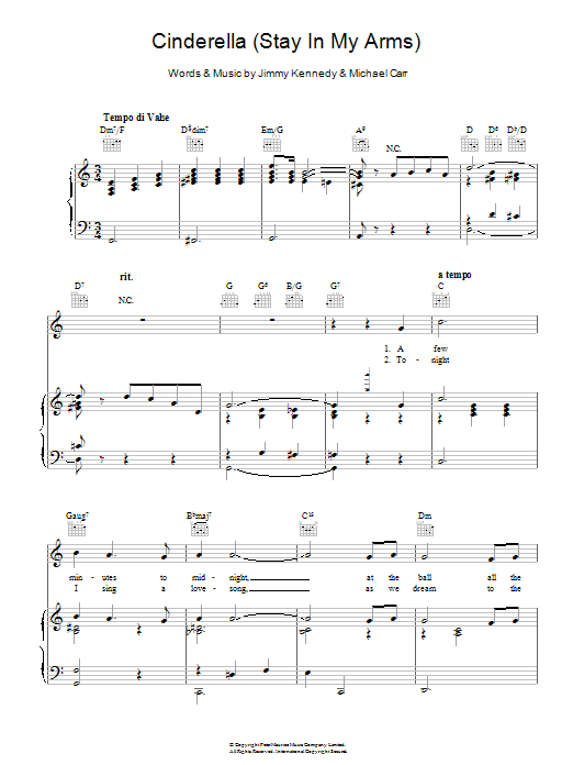 Learn to play Glenn Miller Cinderella (Stay In My Arms) sheet music for Piano, Vocal & Guitar Chords in minutes. Price: 7.8900$ Glenn Miller Cinderella (Stay In My Arms) sheet music notes and chords arranged for Piano, Vocal & Guitar Chords