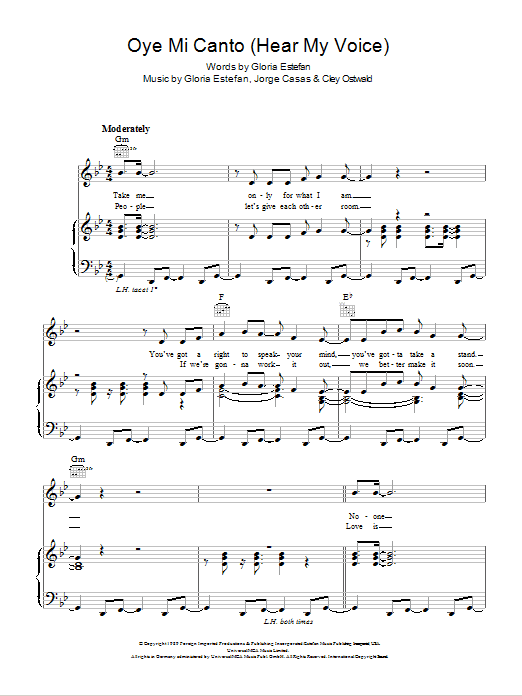 Gloria Estefan Oye Mi Canto (Hear My Voice) sheet music notes and chords. Download Printable PDF.