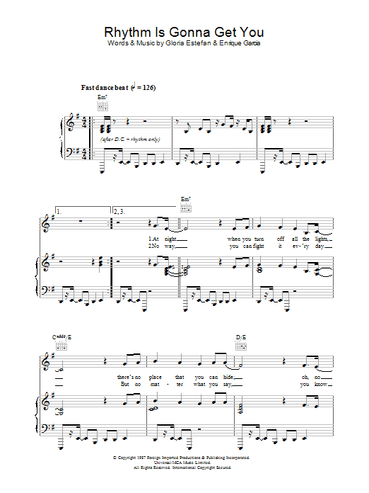 Gloria Estefan Rhythm Is Gonna Get You sheet music notes and chords arranged for Piano, Vocal & Guitar Chords