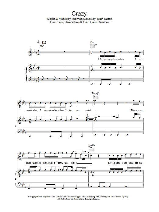 Gnarls Barkley Crazy sheet music notes and chords. Download Printable PDF.