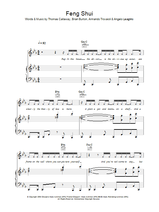 Learn to play Gnarls Barkley Feng Shui sheet music for Piano, Vocal & Guitar Chords in minutes. Price: 7.8900$ Gnarls Barkley Feng Shui sheet music notes and chords arranged for Piano, Vocal & Guitar Chords