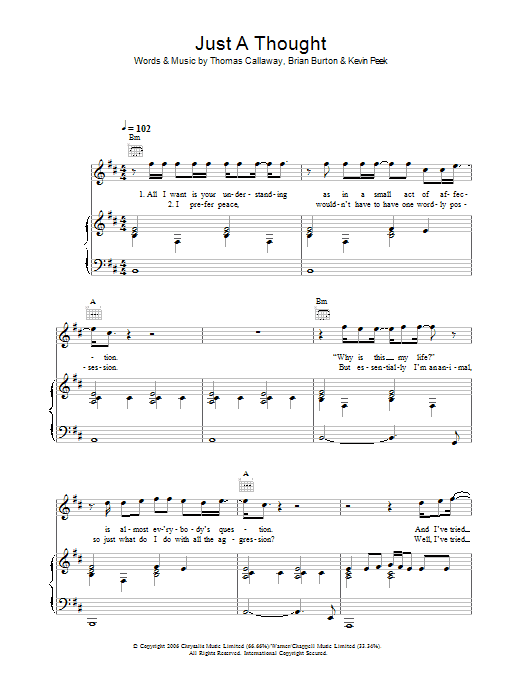 Learn to play Gnarls Barkley Just A Thought sheet music for Piano, Vocal & Guitar Chords in minutes. Price: 7.8900$ Gnarls Barkley Just A Thought sheet music notes and chords arranged for Piano, Vocal & Guitar Chords