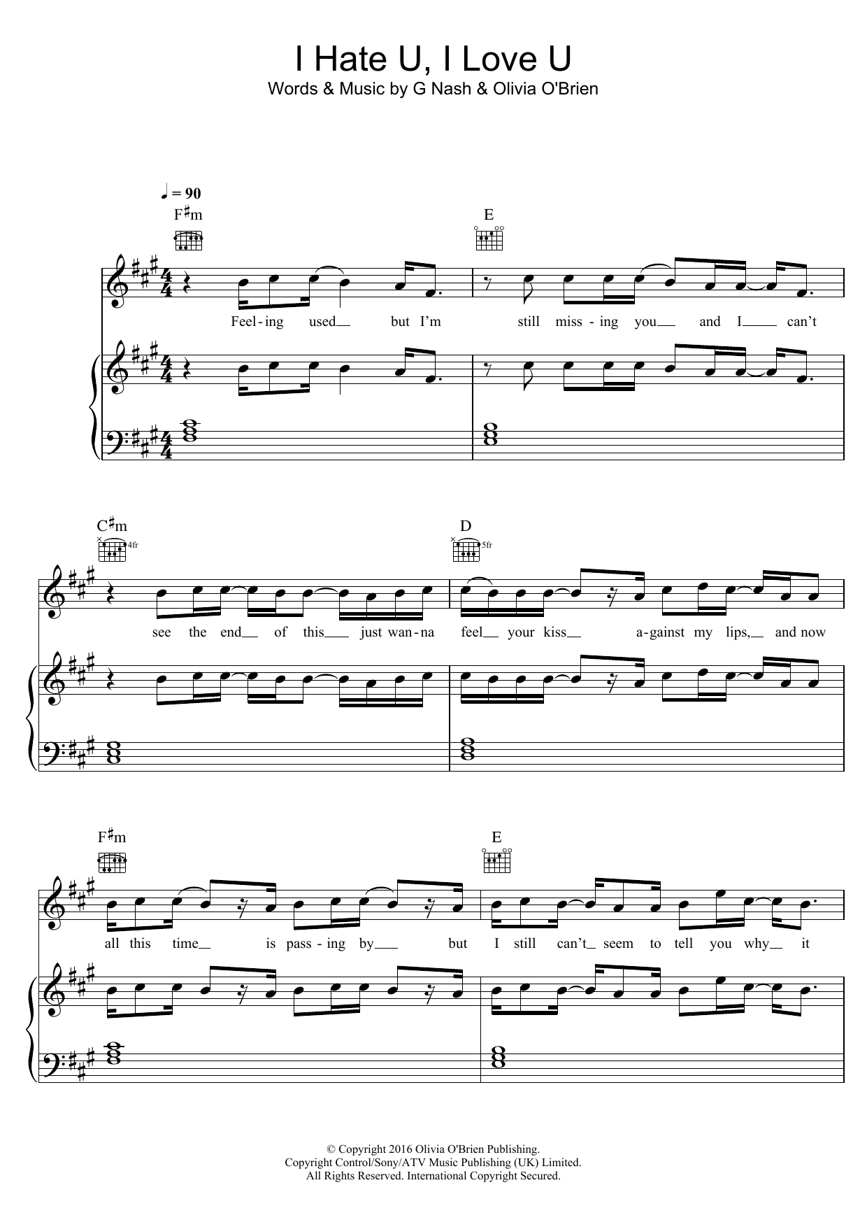 gnash I Hate U, I Love U (feat. Olivia O'Brien) sheet music notes and chords. Download Printable PDF.