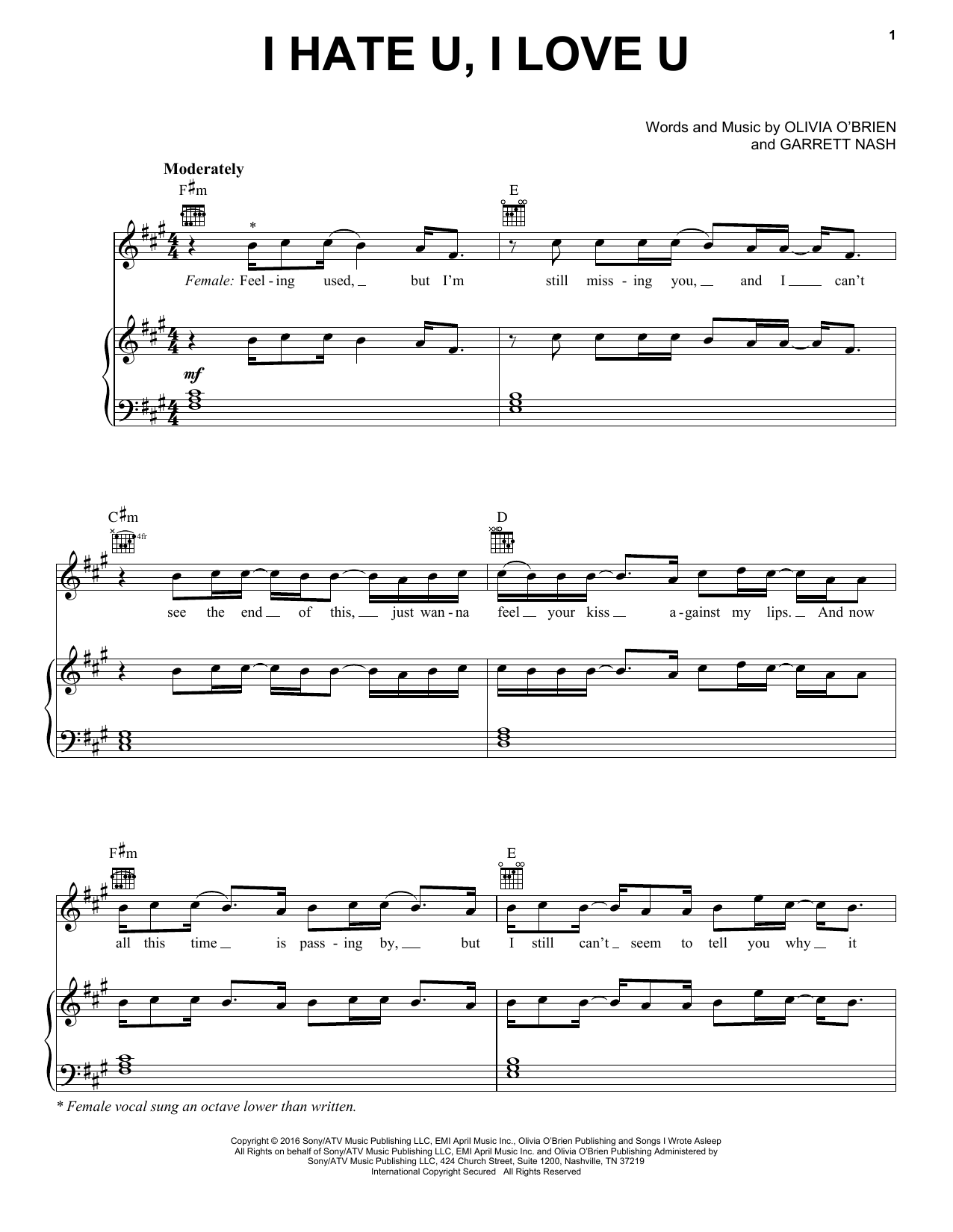 Gnash I Hate U, I Love U sheet music notes and chords. Download Printable PDF.