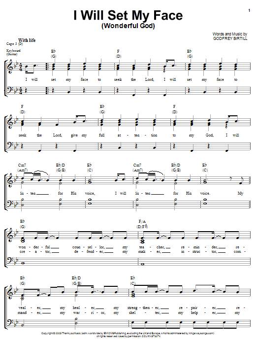 Learn to play Godfrey Birtill Wonderful God I Will Set My Face sheet music for Piano, Vocal & Guitar Chords (Right-Hand Melody) in minutes. Price: 7.8900$ Godfrey Birtill Wonderful God I Will Set My Face sheet music notes and chords arranged for Piano, Vocal & Guitar Chords (Right-Hand Melody)