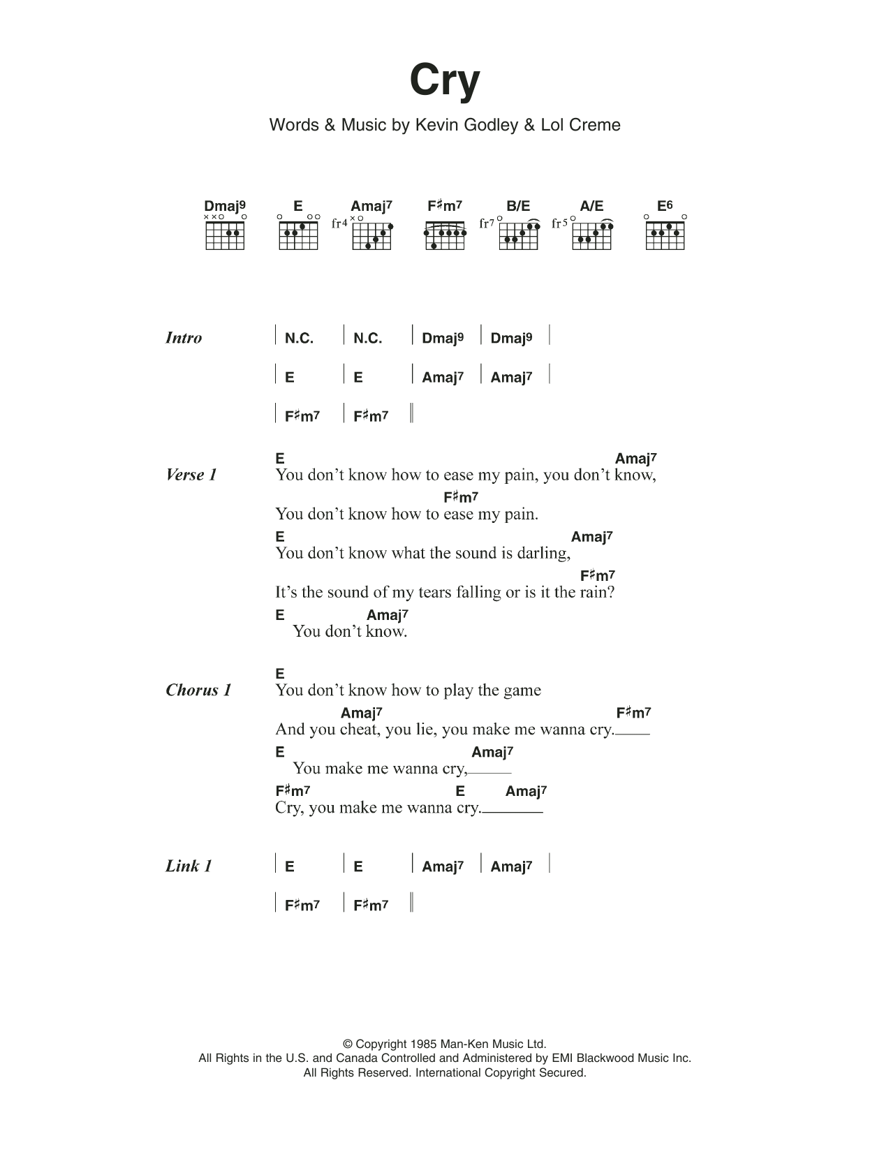 Godley & Creme Cry sheet music notes and chords. Download Printable PDF.