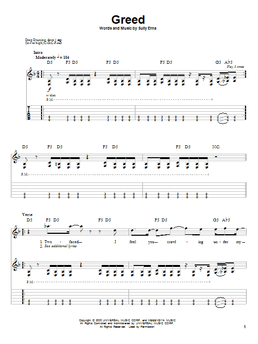 Godsmack Greed sheet music notes and chords. Download Printable PDF.