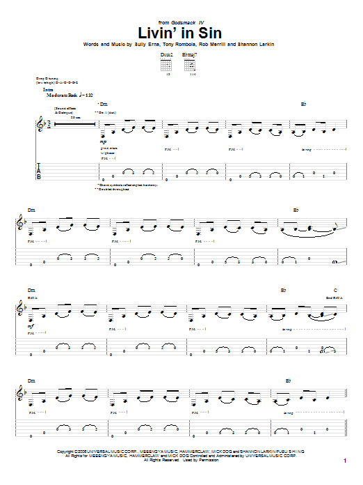 Learn to play Godsmack Livin' In Sin sheet music for Guitar Tab in minutes. Price: 7.8900$ Godsmack Livin' In Sin sheet music notes and chords arranged for Guitar Tab