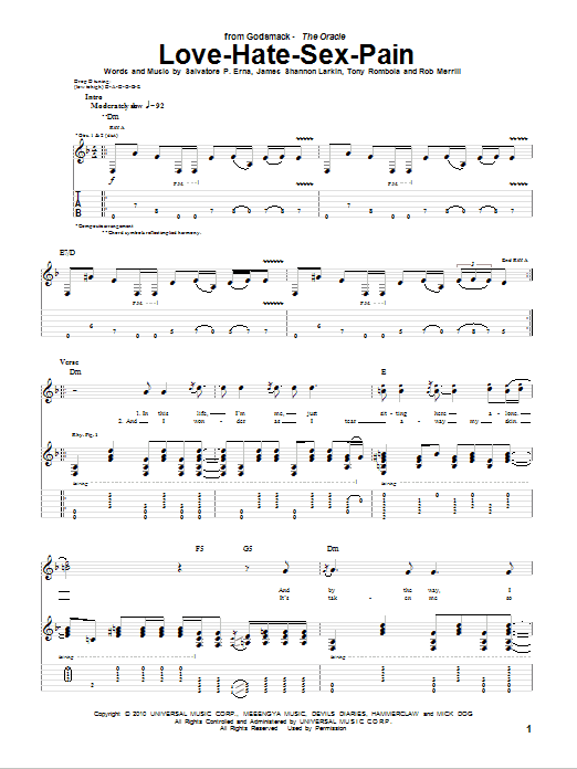 Learn to play Godsmack Love-Hate-Sex-Pain sheet music for Guitar Tab in minutes. Price: 7.8900$ Godsmack Love-Hate-Sex-Pain sheet music notes and chords arranged for Guitar Tab