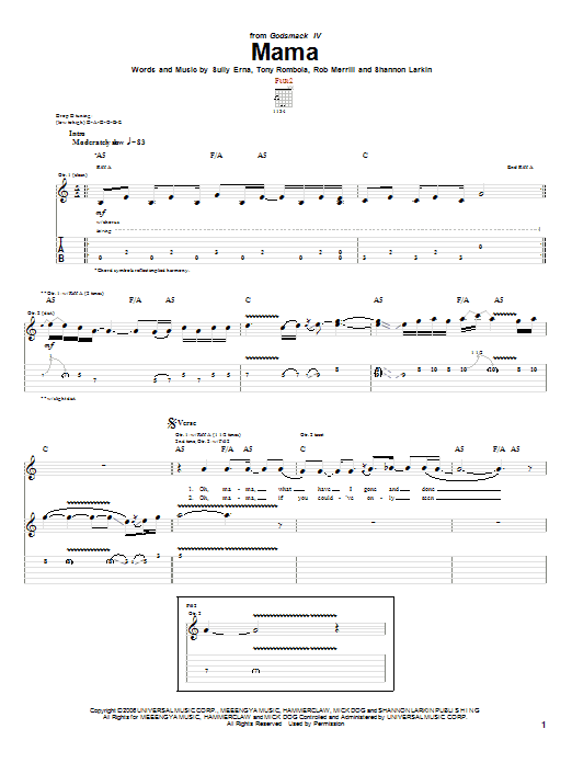 Learn to play Godsmack Mama sheet music for Guitar Tab in minutes. Price: 7.8900$ Godsmack Mama sheet music notes and chords arranged for Guitar Tab