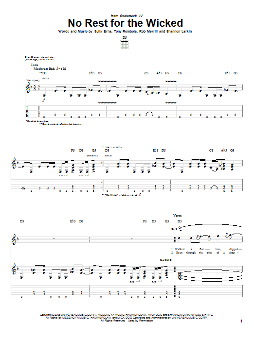 Learn to play Godsmack No Rest For The Wicked sheet music for Guitar Tab in minutes. Price: 7.8900$ Godsmack No Rest For The Wicked sheet music notes and chords arranged for Guitar Tab