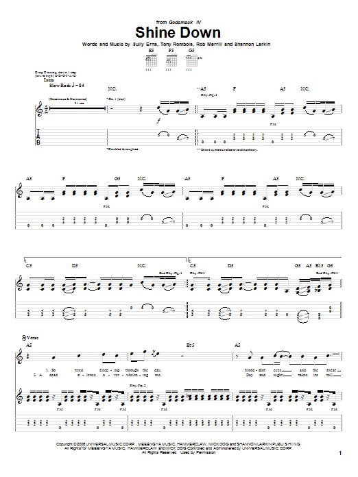 Learn to play Godsmack Shine Down sheet music for Guitar Tab in minutes. Price: 7.8900$ Godsmack Shine Down sheet music notes and chords arranged for Guitar Tab