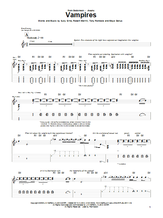 Learn to play Godsmack Vampires sheet music for Guitar Tab in minutes. Price: 7.8900$ Godsmack Vampires sheet music notes and chords arranged for Guitar Tab