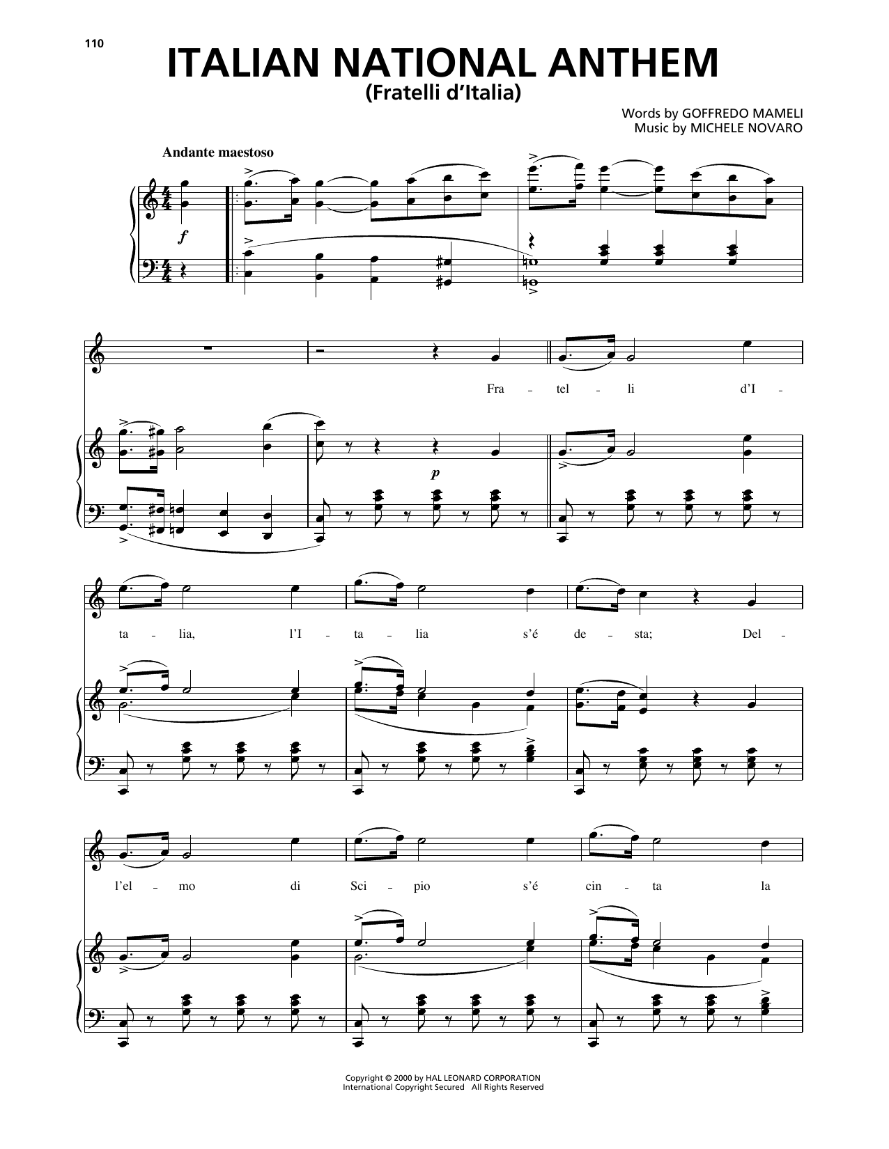 Goffredo Mameli Italian National Anthem (Fratelli d'Italia) sheet music notes and chords. Download Printable PDF.