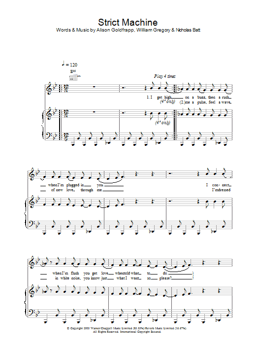 Learn to play Goldfrapp Strict Machine sheet music for Piano, Vocal & Guitar Chords in minutes. Price: 7.8900$ Goldfrapp Strict Machine sheet music notes and chords arranged for Piano, Vocal & Guitar Chords