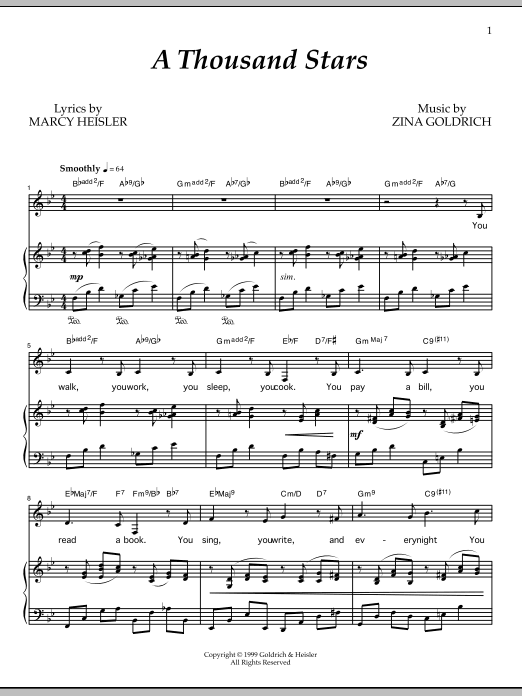 Learn to play Goldrich & Heisler A Thousand Stars sheet music for Piano & Vocal in minutes. Price: 7.8900$ Goldrich & Heisler A Thousand Stars sheet music notes and chords arranged for Piano & Vocal
