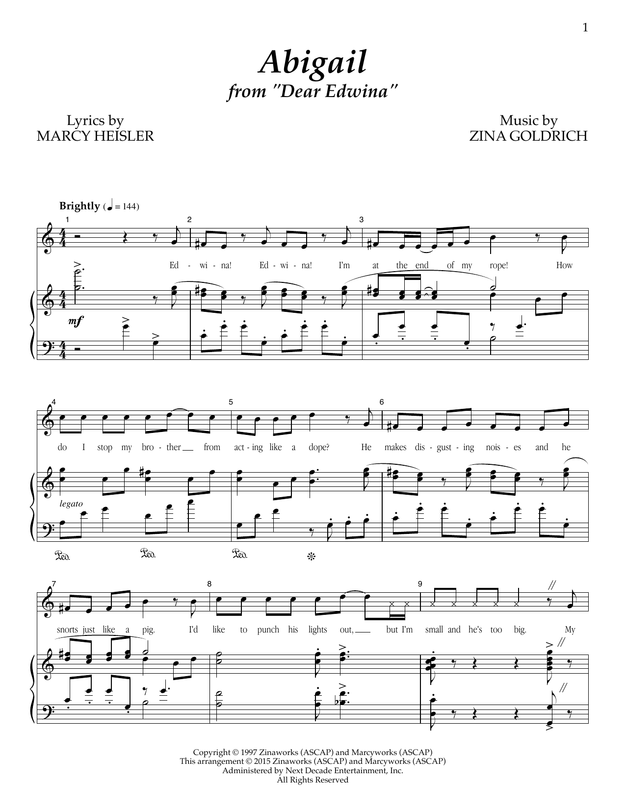 Learn to play Goldrich & Heisler Abigail (from 'Dear Edwina') sheet music for Piano & Vocal in minutes. Price: 7.8900$ Goldrich & Heisler Abigail (from 'Dear Edwina') sheet music notes and chords arranged for Piano & Vocal