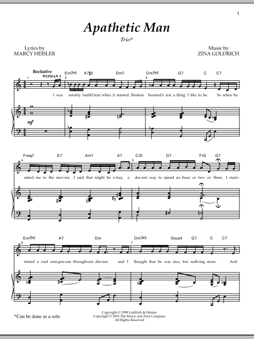Goldrich & Heisler Apathetic Man sheet music notes and chords arranged for Piano & Vocal