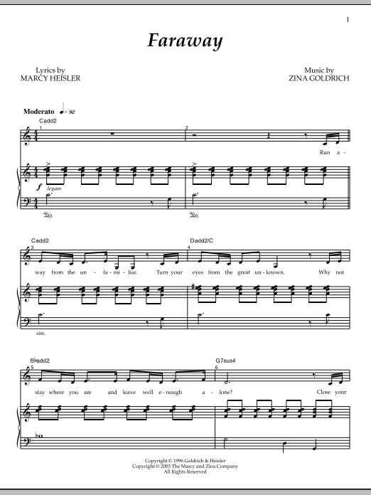Learn to play Goldrich & Heisler Faraway sheet music for Piano & Vocal in minutes. Price: 7.8900$ Goldrich & Heisler Faraway sheet music notes and chords arranged for Piano & Vocal