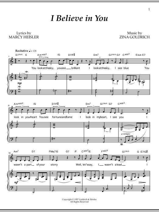 Learn to play Goldrich & Heisler I Believe In You sheet music for Piano & Vocal in minutes. Price: 7.8900$ Goldrich & Heisler I Believe In You sheet music notes and chords arranged for Piano & Vocal