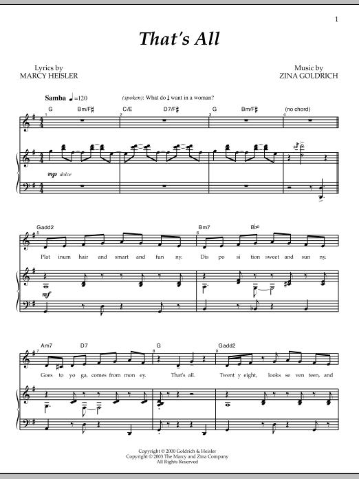 Learn to play Goldrich & Heisler That's All sheet music for Piano & Vocal in minutes. Price: 7.8900$ Goldrich & Heisler That's All sheet music notes and chords arranged for Piano & Vocal