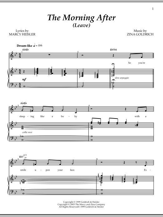 Learn to play Goldrich & Heisler The Morning After (Leave) sheet music for Piano & Vocal in minutes. Price: 7.8900$ Goldrich & Heisler The Morning After (Leave) sheet music notes and chords arranged for Piano & Vocal