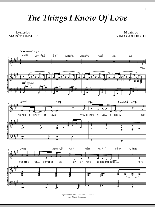 Learn to play Goldrich & Heisler The Things I Know Of Love sheet music for Piano & Vocal in minutes. Price: 7.8900$ Goldrich & Heisler The Things I Know Of Love sheet music notes and chords arranged for Piano & Vocal
