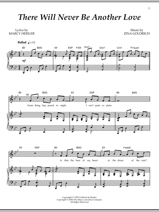 Learn to play Goldrich & Heisler There Will Never Be Another Love sheet music for Piano & Vocal in minutes. Price: 7.8900$ Goldrich & Heisler There Will Never Be Another Love sheet music notes and chords arranged for Piano & Vocal