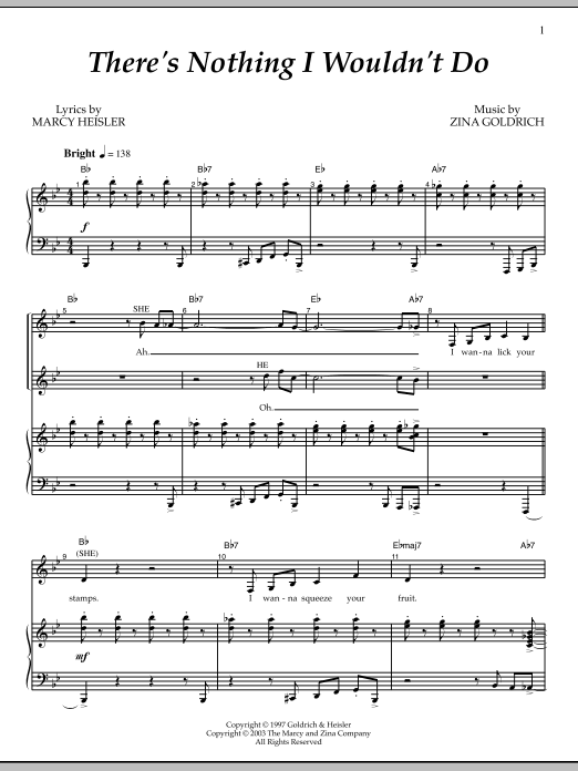 Learn to play Goldrich & Heisler There's Nothing I Wouldn't Do sheet music for Piano & Vocal in minutes. Price: 7.8900$ Goldrich & Heisler There's Nothing I Wouldn't Do sheet music notes and chords arranged for Piano & Vocal