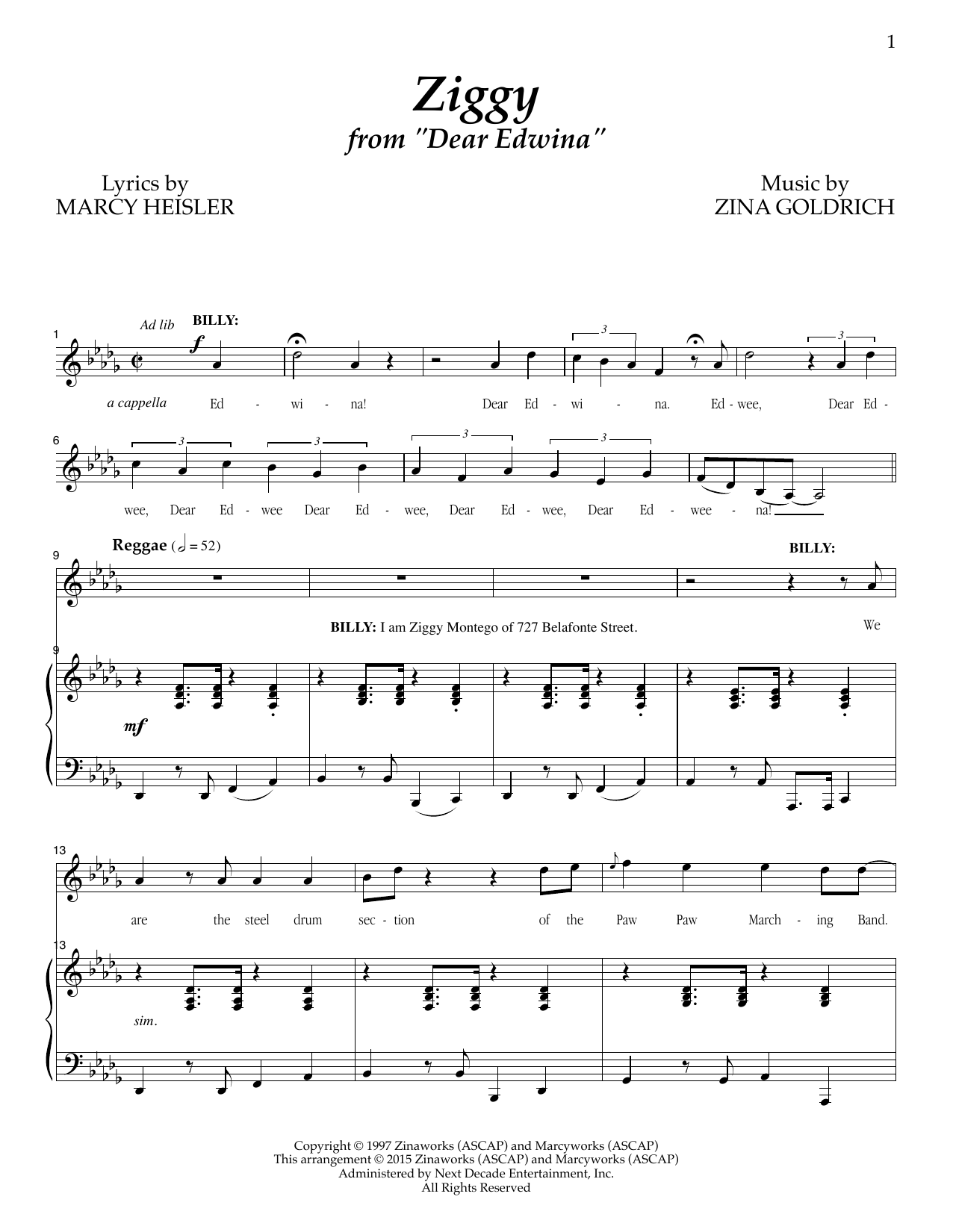 Learn to play Goldrich & Heisler Ziggy (from 'Dear Edwina') sheet music for Piano & Vocal in minutes. Price: 7.8900$ Goldrich & Heisler Ziggy (from 'Dear Edwina') sheet music notes and chords arranged for Piano & Vocal