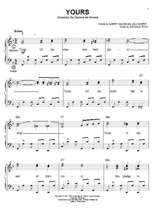 Gonzalo Roig Yours (Cuando Se Quiere De Veras) sheet music notes and chords. Download Printable PDF.