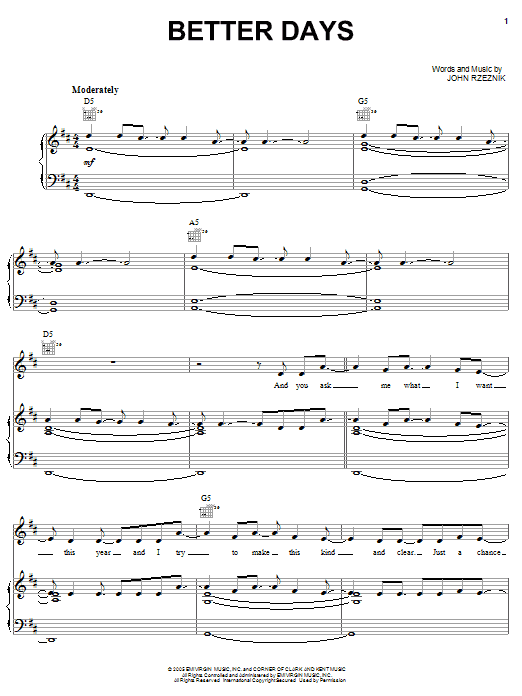 Learn to play Goo Goo Dolls Better Days sheet music for Piano, Vocal & Guitar Chords (Right-Hand Melody) in minutes. Price: 7.8900$ Goo Goo Dolls Better Days sheet music notes and chords arranged for Piano, Vocal & Guitar Chords (Right-Hand Melody)