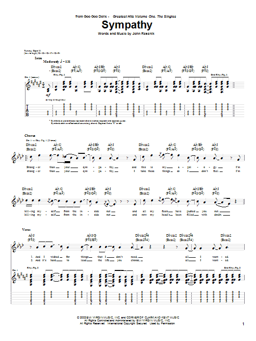 Learn to play Goo Goo Dolls Sympathy sheet music for Guitar Tab in minutes. Price: 7.8900$ Goo Goo Dolls Sympathy sheet music notes and chords arranged for Guitar Tab