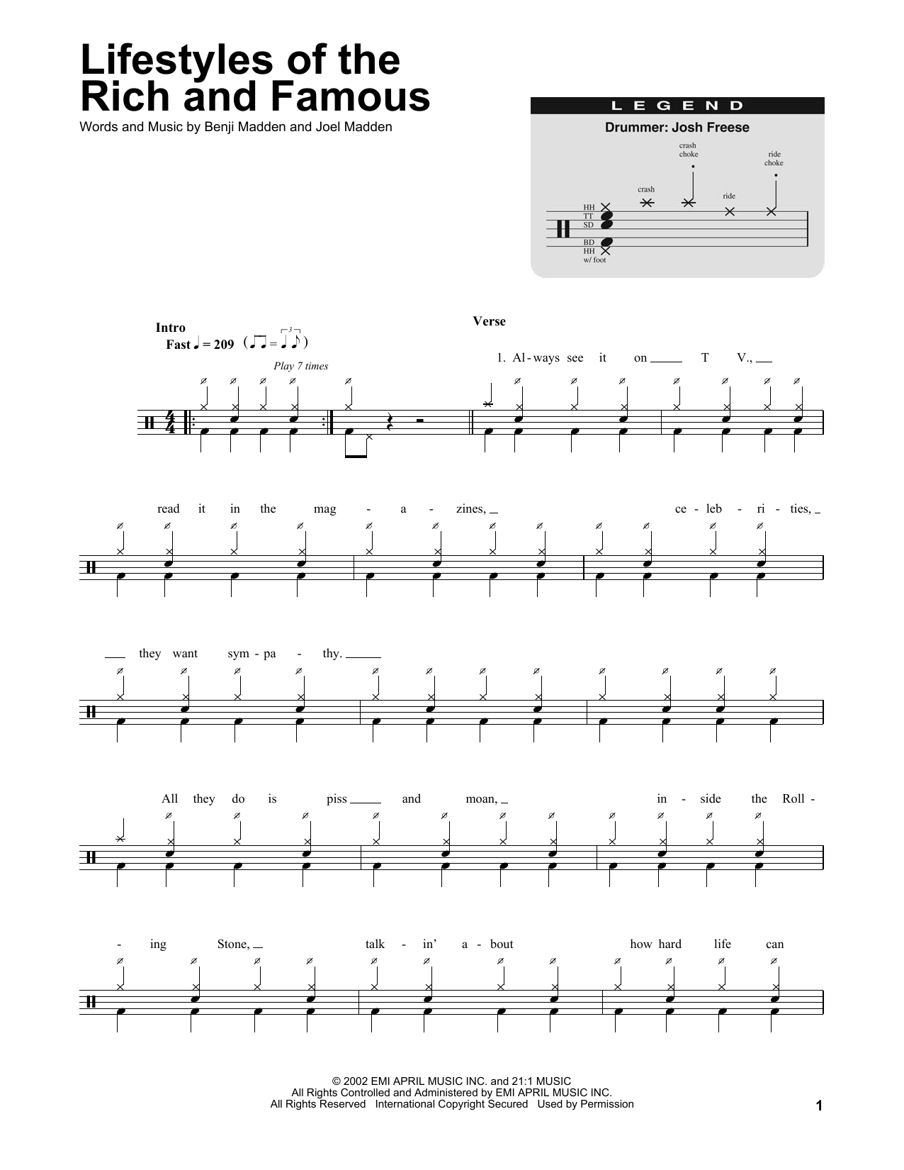 Good Charlotte Lifestyles Of The Rich And Famous sheet music notes and chords. Download Printable PDF.