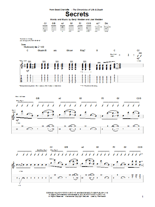 Learn to play Good Charlotte Secrets sheet music for Guitar Tab in minutes. Price: 7.8900$ Good Charlotte Secrets sheet music notes and chords arranged for Guitar Tab