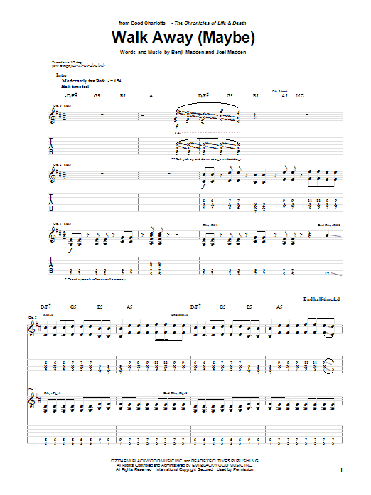 Learn to play Good Charlotte Walk Away (Maybe) sheet music for Guitar Tab in minutes. Price: 7.8900$ Good Charlotte Walk Away (Maybe) sheet music notes and chords arranged for Guitar Tab