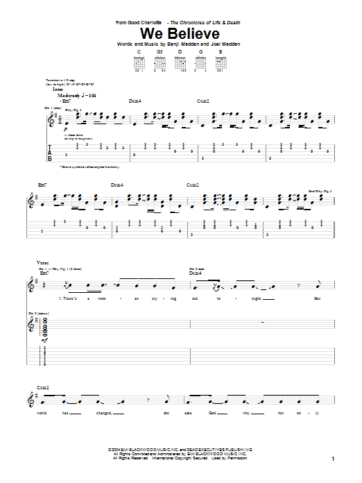 Learn to play Good Charlotte We Believe sheet music for Guitar Tab in minutes. Price: 7.8900$ Good Charlotte We Believe sheet music notes and chords arranged for Guitar Tab