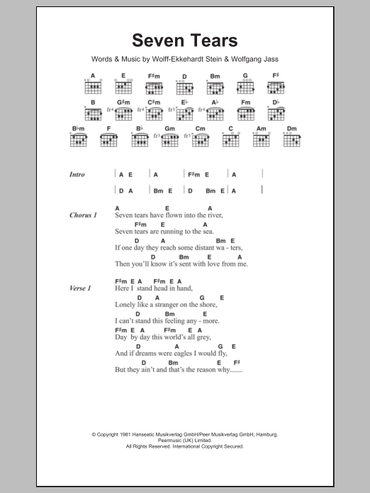 Learn to play Goombay Dance Band Seven Tears sheet music for Guitar Chords/Lyrics in minutes. Price: 4.4900$ Goombay Dance Band Seven Tears sheet music notes and chords arranged for Guitar Chords/Lyrics