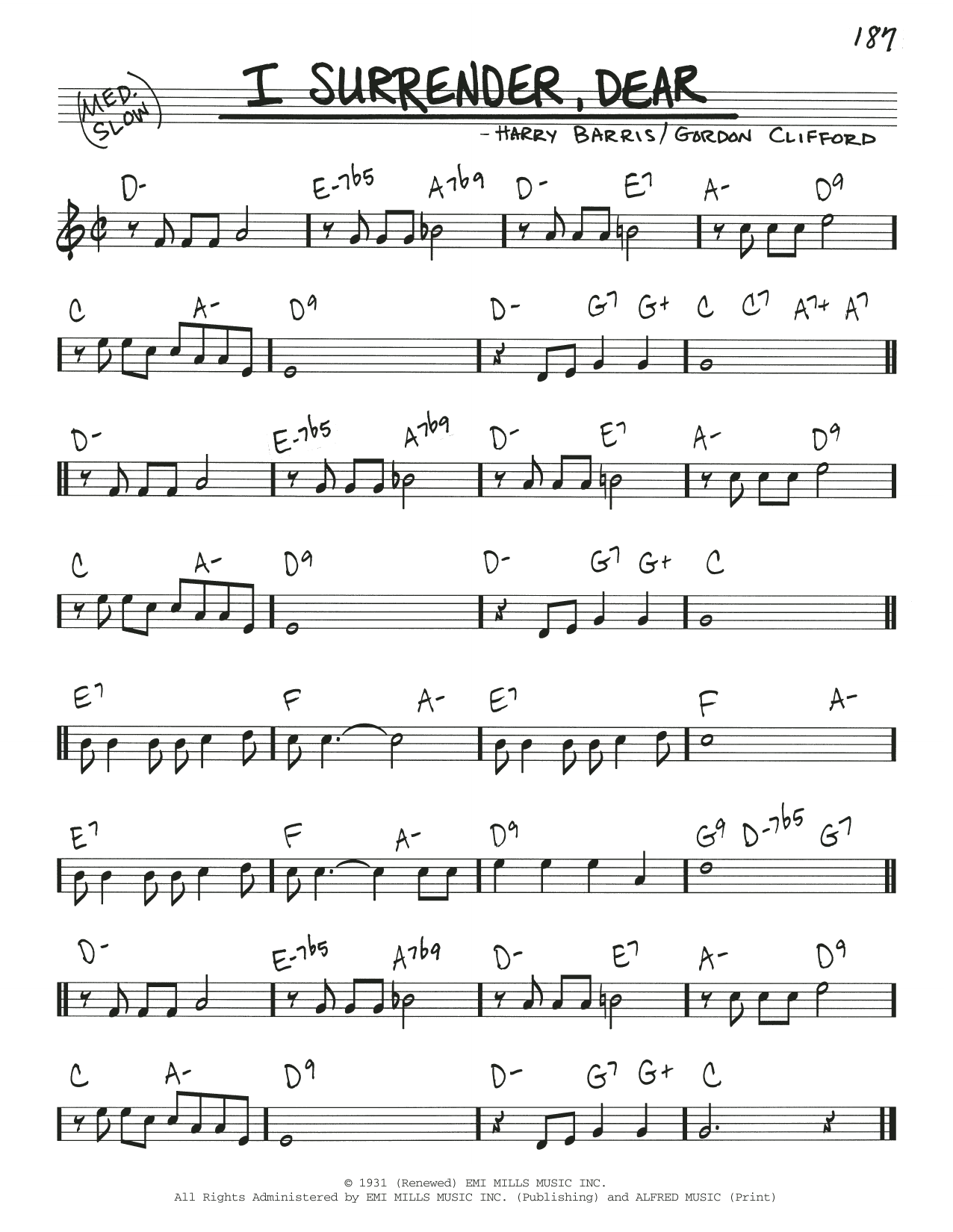 Learn to play Gordon Clifford I Surrender, Dear sheet music for Real Book – Melody & Chords in minutes. Price: 5.9900$ Gordon Clifford I Surrender, Dear sheet music notes and chords arranged for Real Book – Melody & Chords