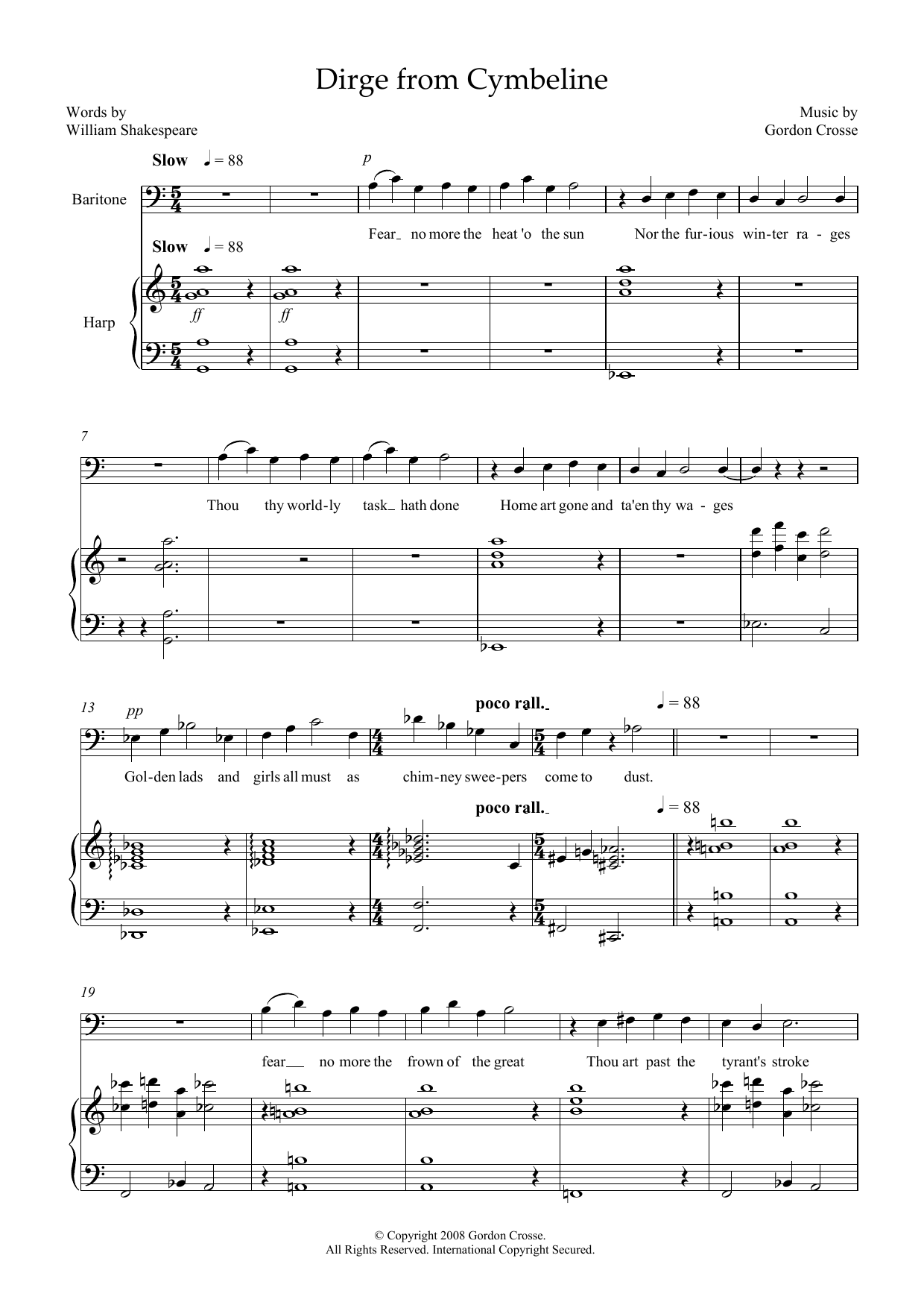 Gordon Crosse Dirge from Cymbeline (for baritone & harp) sheet music notes and chords arranged for Piano & Vocal