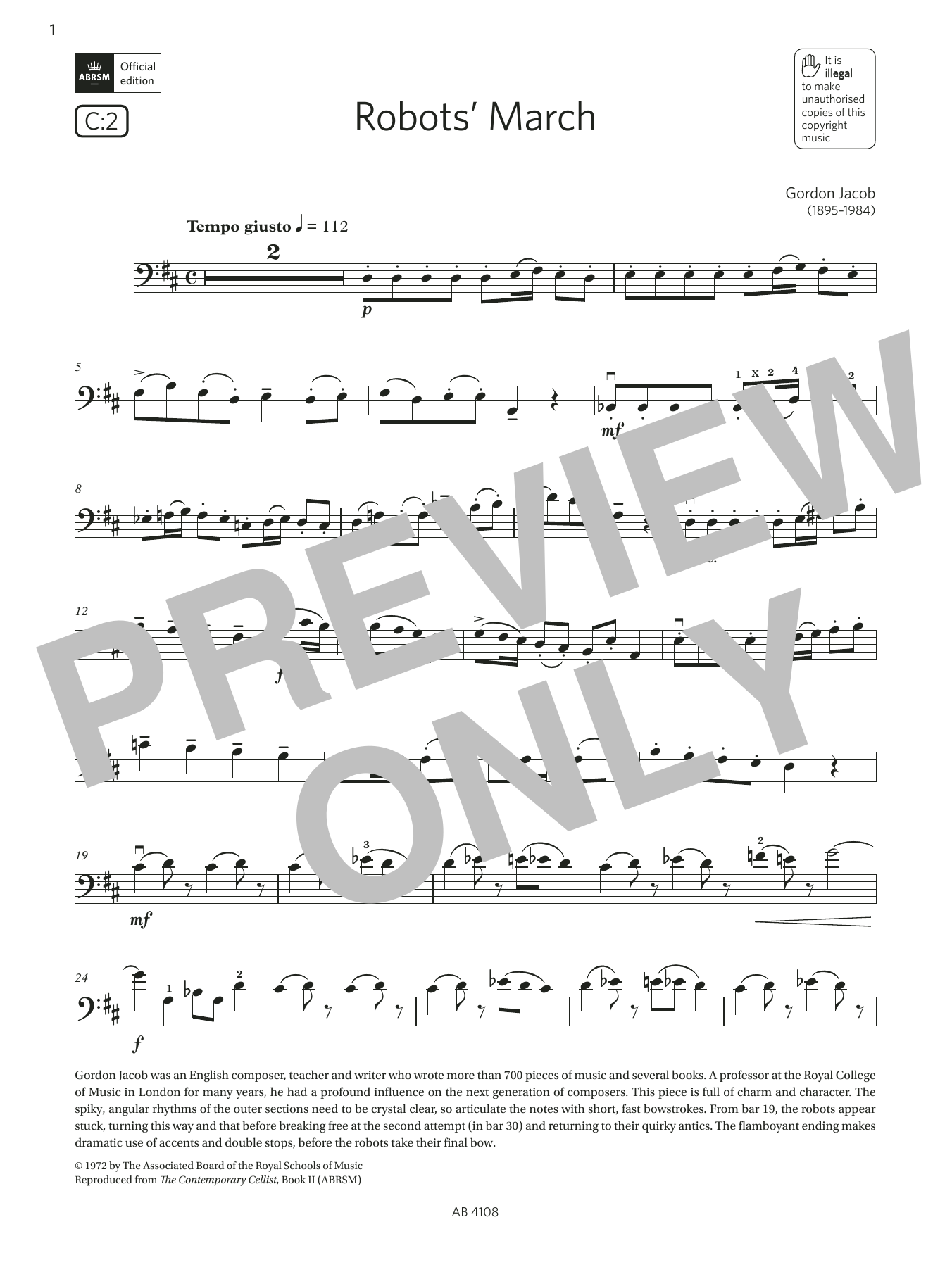 Gordon Jacob Robots' March (Grade 5, C2, from the ABRSM Cello Syllabus from 2024) sheet music notes and chords. Download Printable PDF.