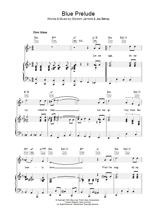 Learn to play Gordon Jenkins Blue Prelude sheet music for Piano, Vocal & Guitar Chords in minutes. Price: 7.8900$ Gordon Jenkins Blue Prelude sheet music notes and chords arranged for Piano, Vocal & Guitar Chords