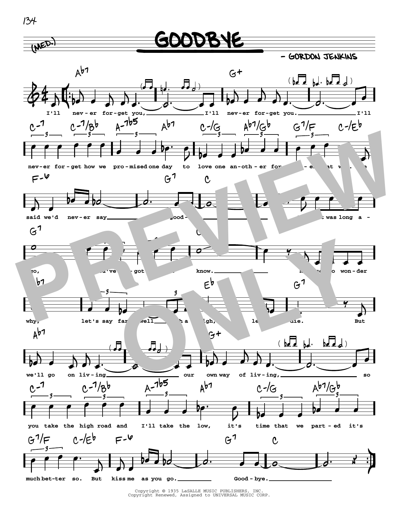 Gordon Jenkins Goodbye (arr. Robert Rawlins) sheet music notes and chords arranged for Real Book – Melody, Lyrics & Chords