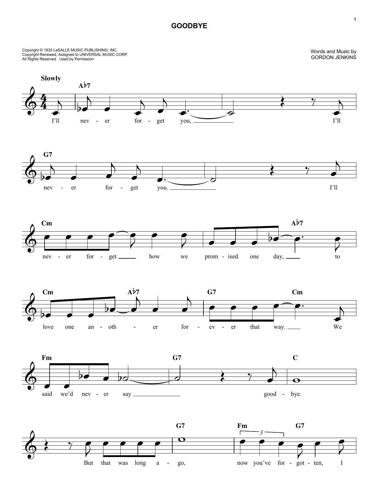 Gordon Jenkins Goodbye sheet music notes and chords. Download Printable PDF.