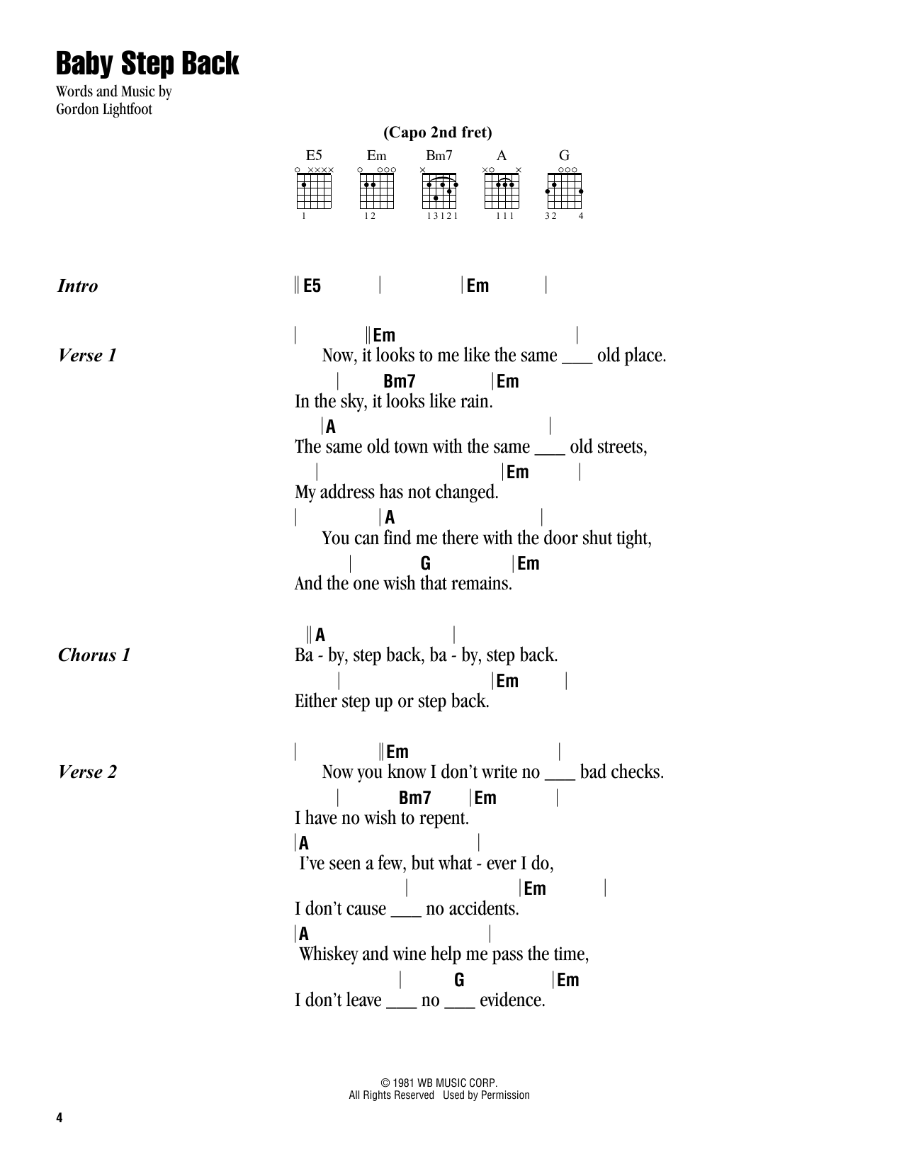 Gordon Lightfoot Baby Step Back sheet music notes and chords. Download Printable PDF.